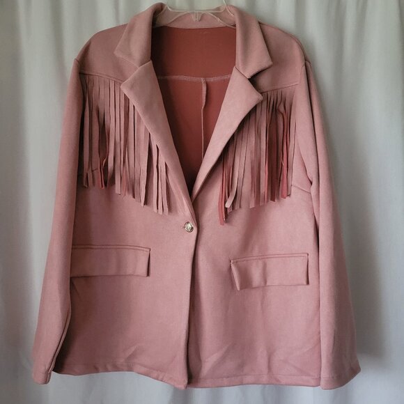 Women's faux suede Blazer Jacket 1XL plus Pink w/fringe front & back Western - Picture 1 of 13